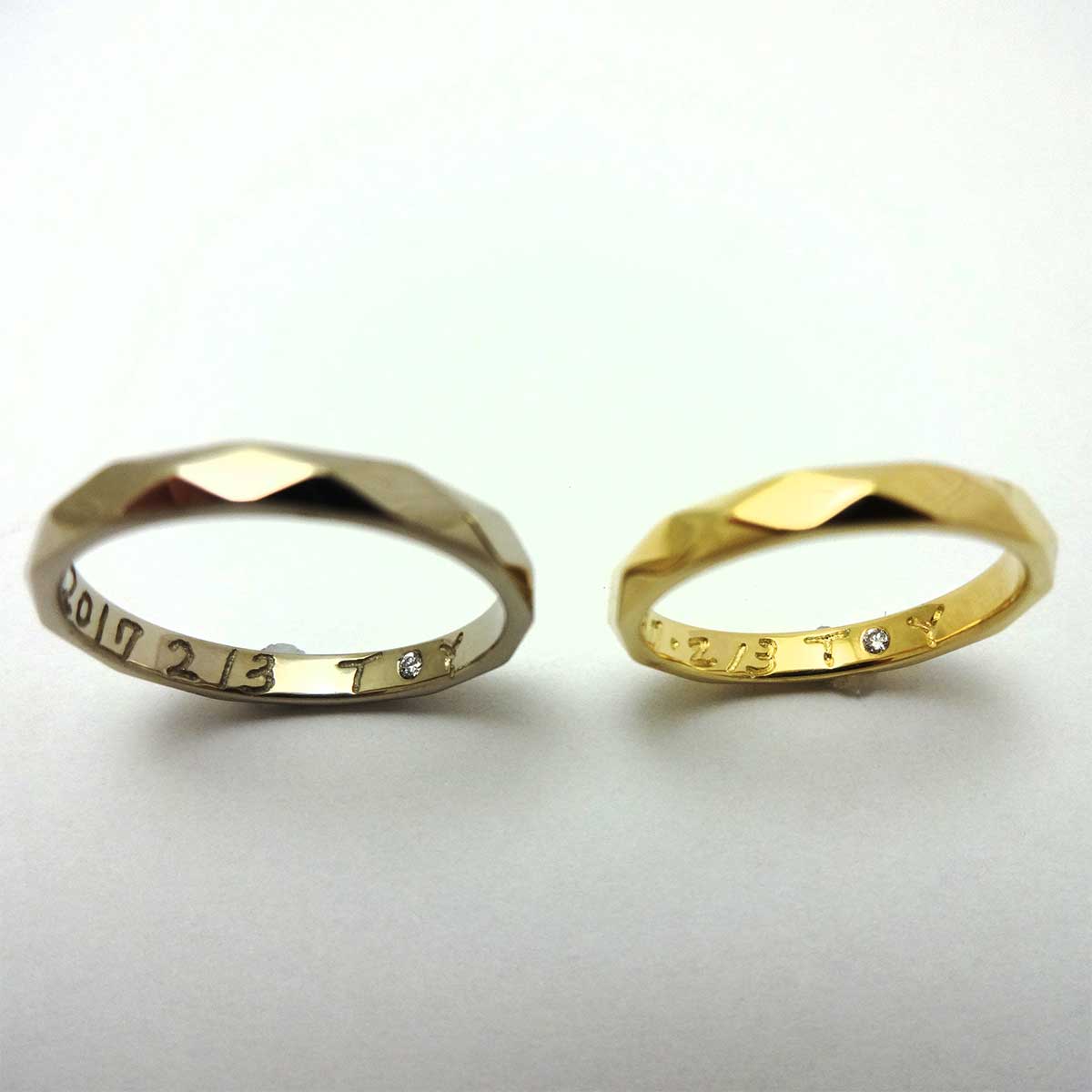 ダイヤモンドカットを施した手作りの結婚指輪 – 手作り指輪のアトリエ100&1